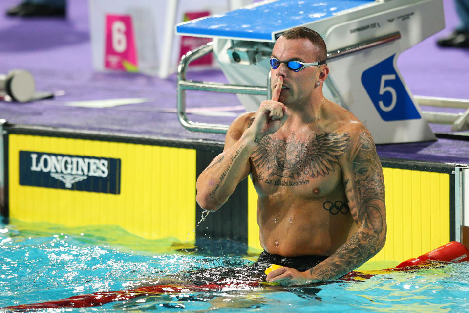 Kyle Chalmers, pictured here after winning gold in the 100m freestyle final at the Commonwealth Games.