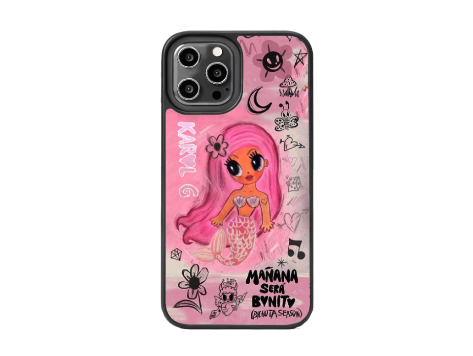 pink karol g-themed phone case with mermaid graphic