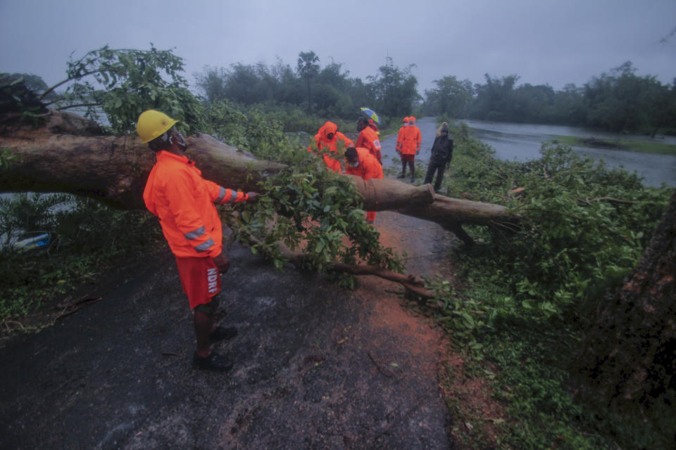 National Disaster Response Force personnel clear trees that got uprooted in rain and strong winds as Cyclone Yaas intensifies over the Bay of Bengal in Balasore district, Odisha, India, Wednesday, May 26, 2021. Heavy rain and a high tide lashed parts of India's eastern coast as the cyclone pushed ashore Wednesday in an area where more than 1.1 million people have evacuated amid a devastating coronavirus surge. (AP Photo)