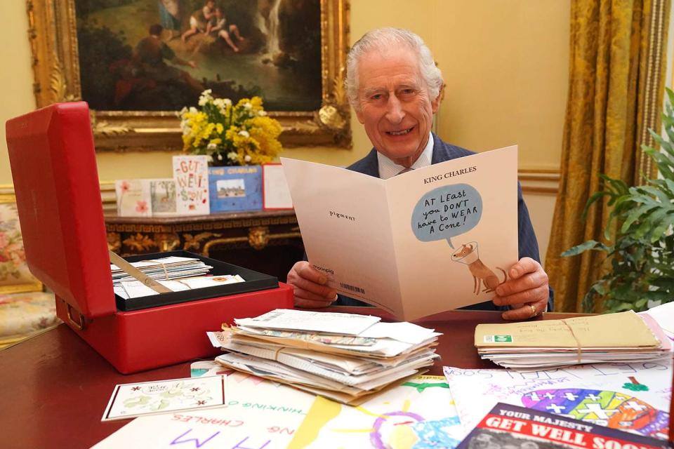 <p>WPA-Rota/Press Association Images</p> King Charles III reads cards and messages, sent by wellwishers following his cancer diagnosis, in the 18th Century Room of the Belgian Suite in Buckingham Palace