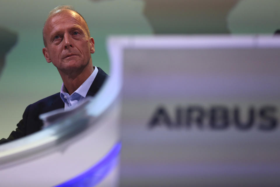 Airbus CEO Tom Enders speaks before the presentation of Airbus 2018 results in Toulouse, southern France, Thursday, Feb.14, 2019. The European plane manufacturer Airbus said Thursday it will stop making its superjumbo A380 in 2021 for lack of customers, abandoning the world's biggest passenger jet and one of the aviation industry's most ambitious and most troubled endeavors. (AP Photo/Fred Scheiber)