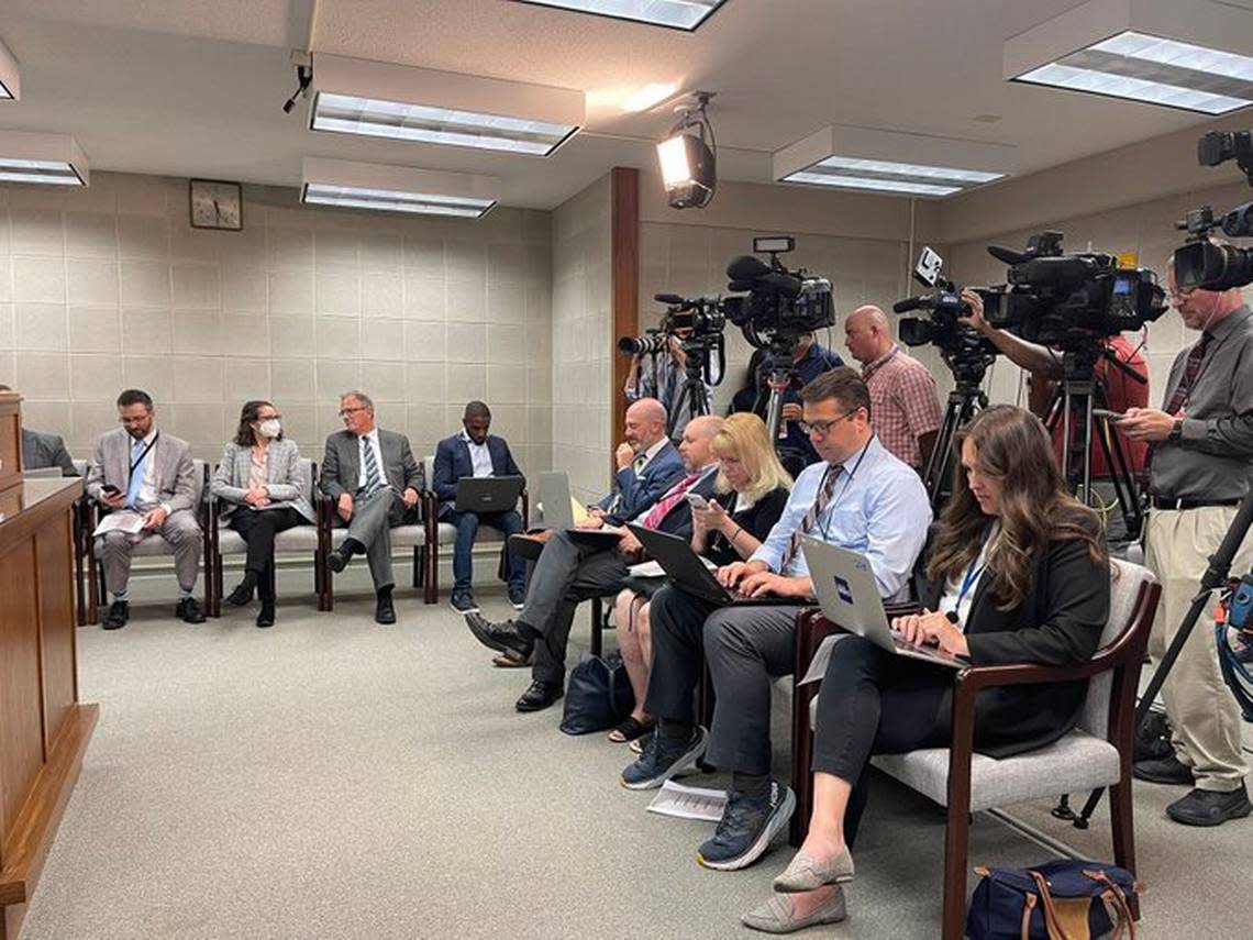 Political reporters from around North Carolina gathered at the N.C. General Assembly for the state budget announcement on June 28, 2022.