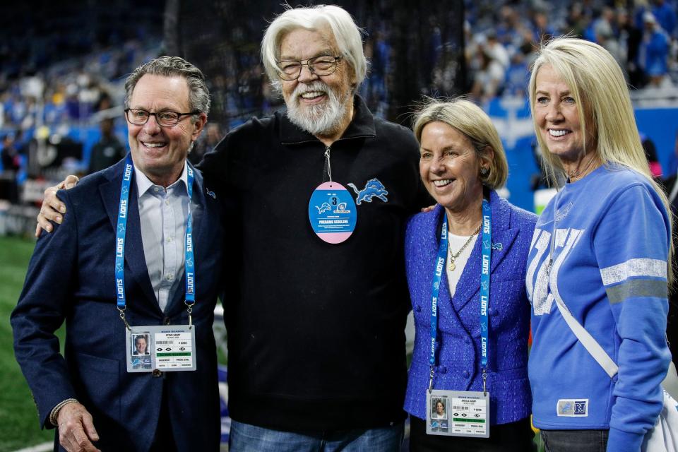 (From left) Steve Hamp, Lions principal owner and chair Sheila Hamp with Bob Seger and his wife, Juanita Dorricott, before the NFC divisional playoff game between the Lions and Buccaneers at Ford Field on Sunday, Jan, 21, 2024.