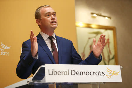 Outgoing leader Tim Farron speaks at the announcement that Vince Cable will replace him as leader of Britain's Liberal Democrat Party in London, July 20, 2017. REUTERS/Neil Hall