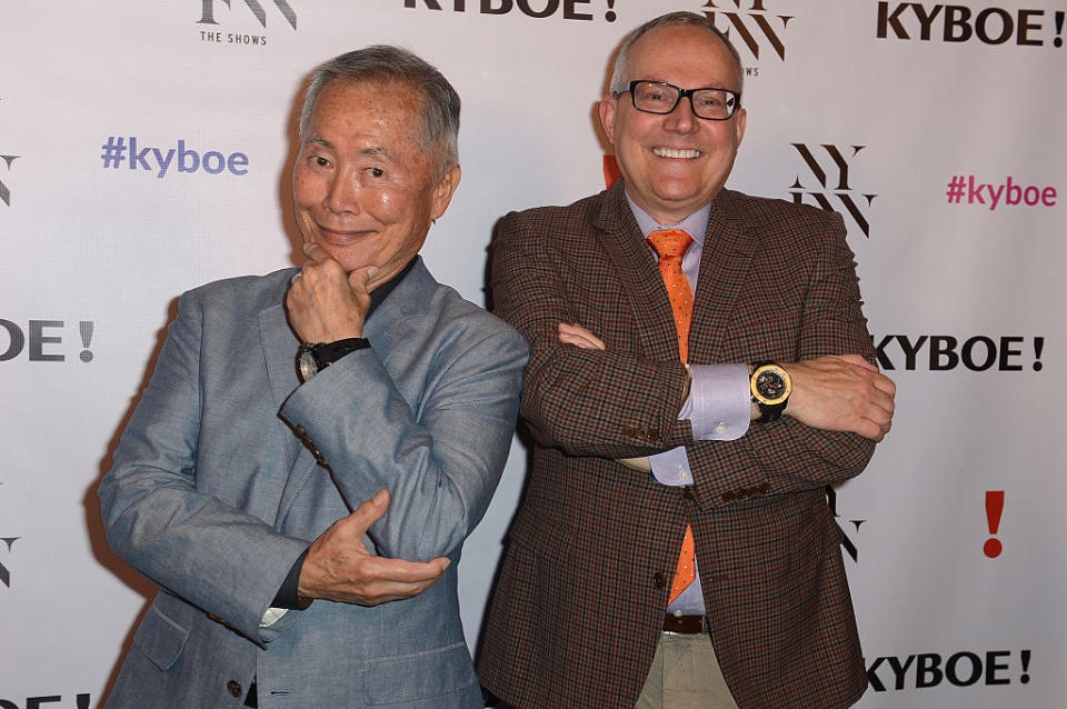 George Takei and Brad Takei pose backstage at the KYBOE! fashion show during New York Fashion Week