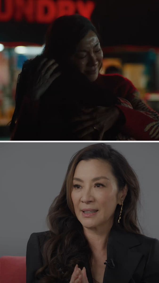Evelyn hugging Joy / Michelle Yeoh speaking with Cate Blanchett