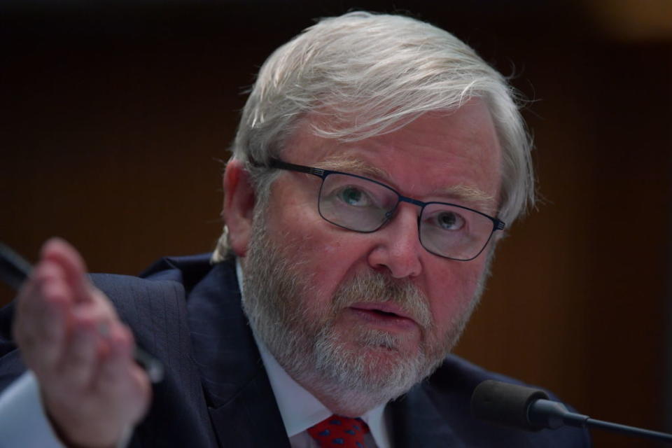 Former Prime Minister Kevin Rudd during the public hearing into Media diversity in Australia at the Environment and Communications References Committee.