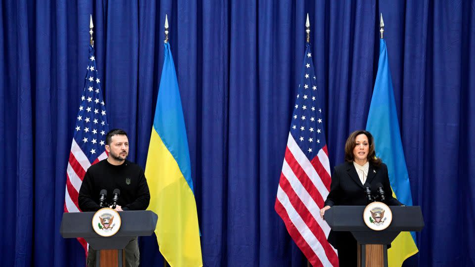 Ukrainian President Volodymyr Zelenskiy and  US Vice President Kamala Harris attend a news conference during the Munich Security Conference on February 17, 2024. - Tobias Schwarz/Pool/Reuters