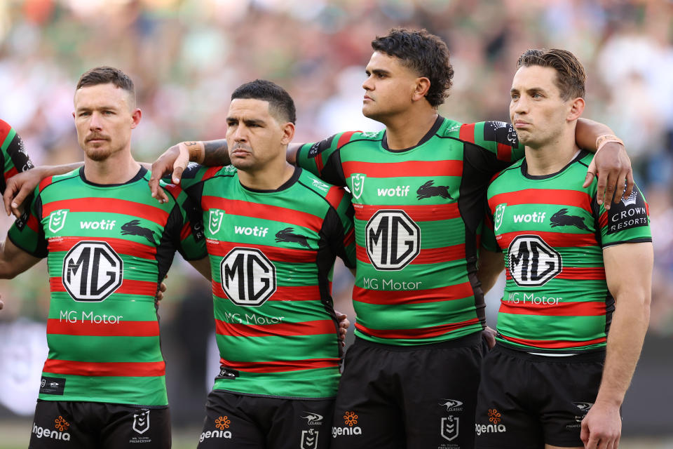 Pictured left to right, Rabbitohs teammates Damien Cook, Cody Walker, Latrell Mitchell and Cameron Murray.