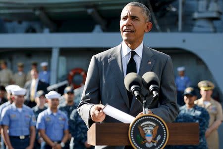 U.S. President Barack Obama delivers remarks to reporters after touring the Philippine Navy's BRP Gregorio Del Pilar at Manila Harbor in Manila, Philippines, November 17, 2015. REUTERS/Jonathan Ernst