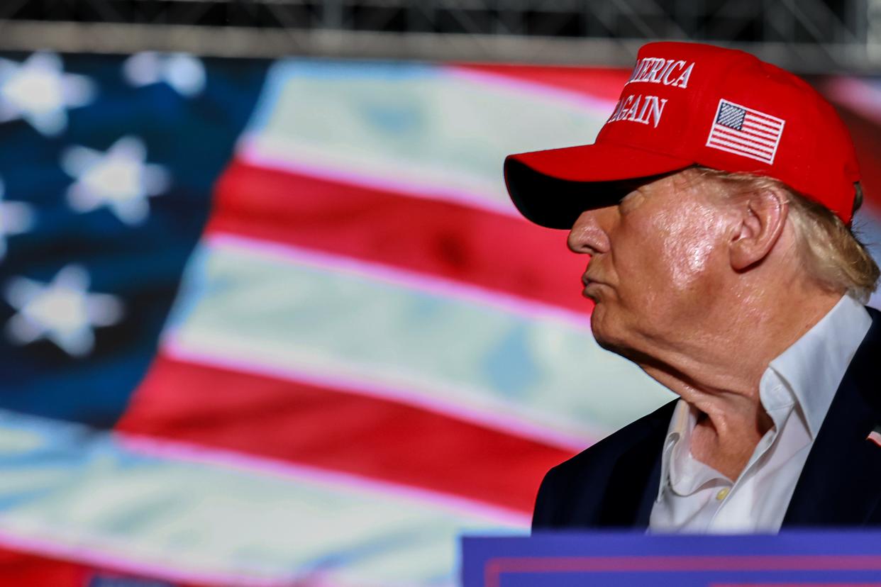 Former U.S. President Donald Trump speaks at a campaign rally at the Trump National Doral Golf Club on July 09, 2024 in Doral, Florida. Trump continues to campaign across the country.