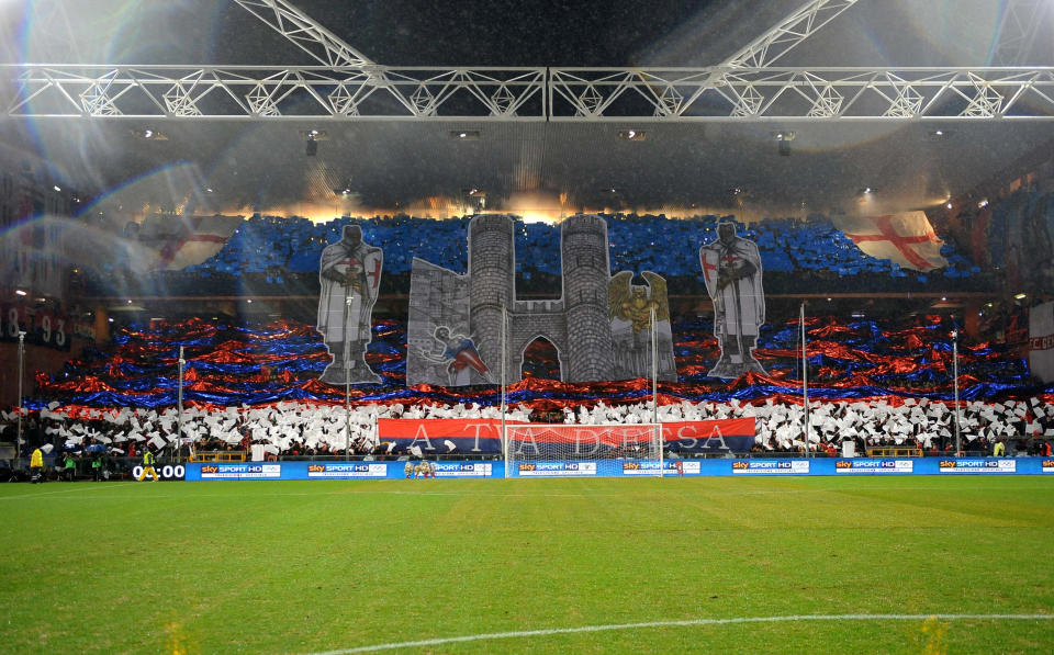 Genova supperters display banners prior to the start of a Serie A soccer match between Genoa and Sampdoria, in Genoa's Luigi Ferraris Stadium, Italy, Monday, Feb. 3, 2014. (AP Photo/Tano Pecoraro)