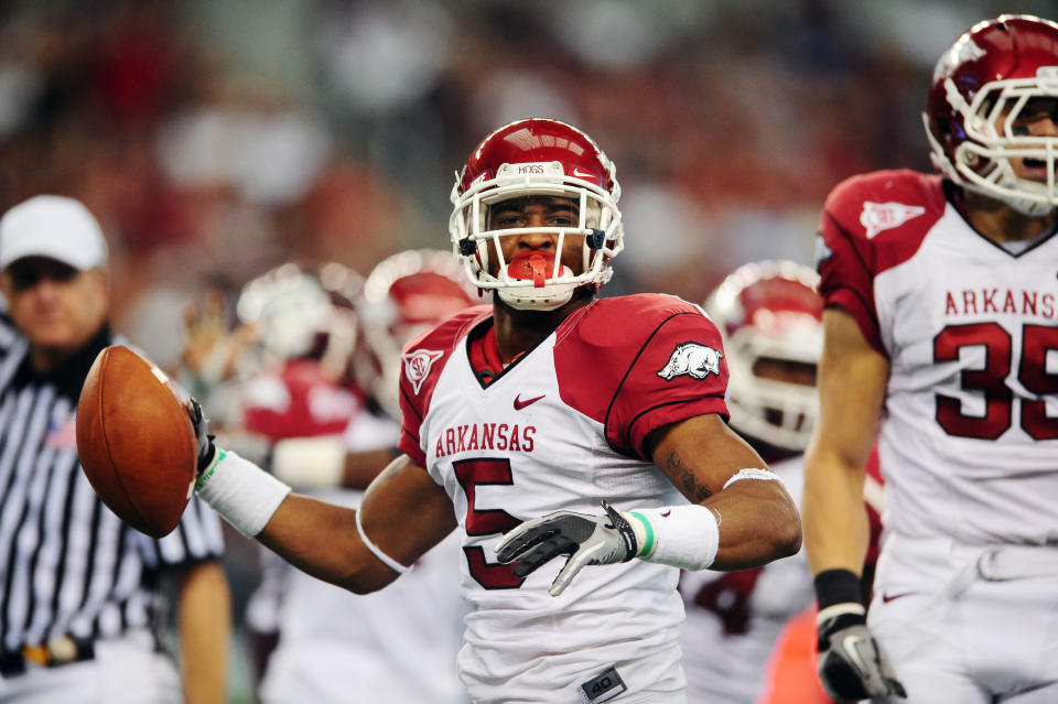 Oct. 9, 2010; Arlington, TX, USA; Arkansas Razorbacks safety (5) Tramain Thomas celebrates a fumble recovery in the second quarter against the Texas A&M Aggies at Cowboys Stadium. Mandatory Credit: Mark J. Rebilas-USA TODAY Sports