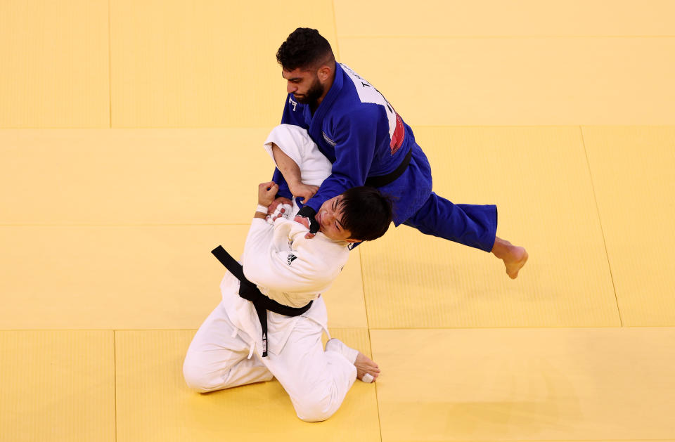 TOKYO, JAPAN - JULY 26: Changrim An of Team Republic of Korea 
and Tohar Butbul of Team Israel compete during the Men’s Judo 73kg Quarterfinal on day three of the Tokyo 2020 Olympic Games at Nippon Budokan on July 26, 2021 in Tokyo, Japan. (Photo by Harry How/Getty Images)