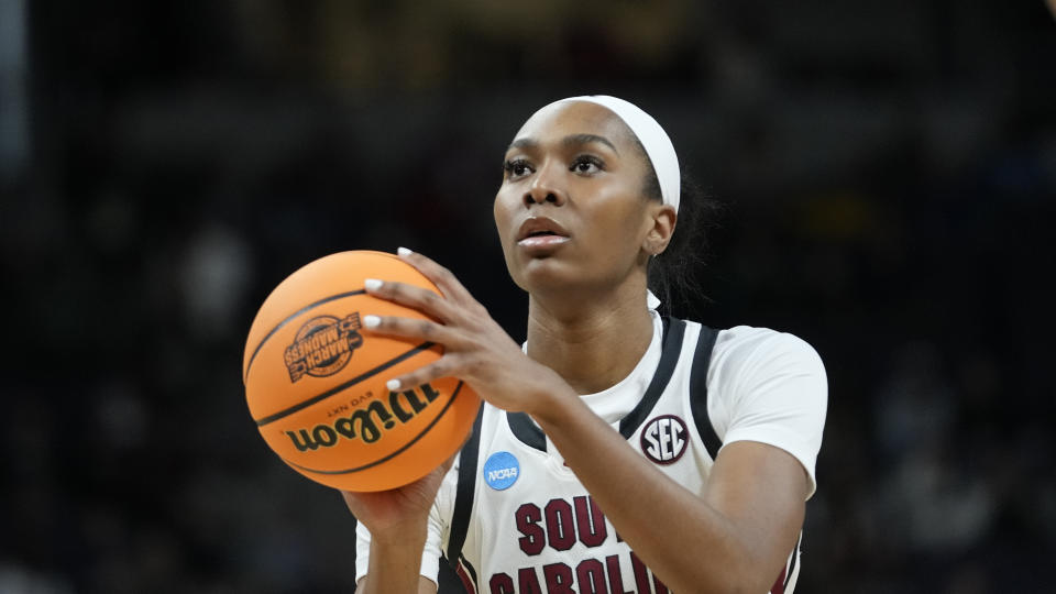 South Carolina guard Bree Hall during the first half of an Elite 8 college basketball game against Oregon State in the NCAA Tournament in Albany, N.Y., Sunday, March 31, 2024. (AP Photo/Mary Altaffer)