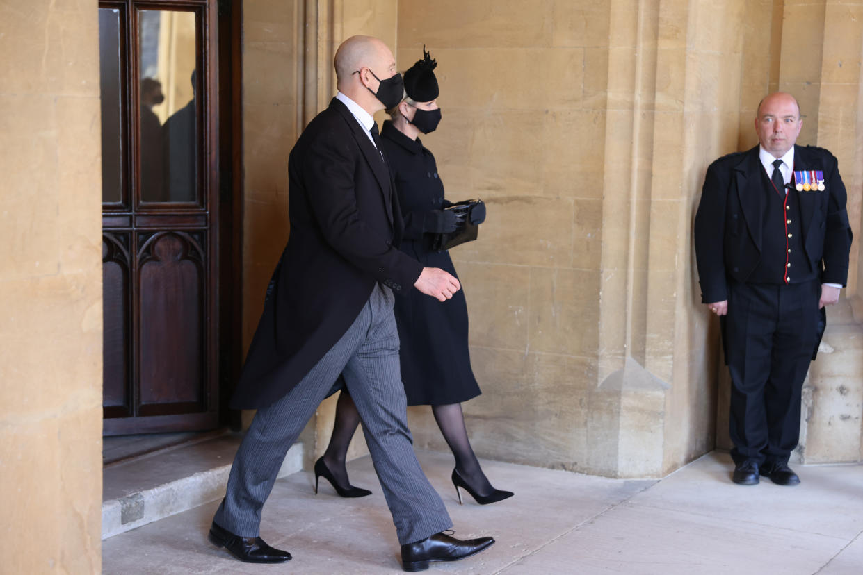 WINDSOR, ENGLAND - APRIL 17: Zara Tindall and Mike Tindall during the funeral of Prince Philip, Duke of Edinburgh at Windsor Castle on April 17, 2021 in Windsor, England. Prince Philip of Greece and Denmark was born 10 June 1921, in Greece. He served in the British Royal Navy and fought in WWII. He married the then Princess Elizabeth on 20 November 1947 and was created Duke of Edinburgh, Earl of Merioneth, and Baron Greenwich by King VI. He served as Prince Consort to Queen Elizabeth II until his death on April 9 2021, months short of his 100th birthday. His funeral takes place today at Windsor Castle with only 30 guests invited due to Coronavirus pandemic restrictions. (Photo by Chris Jackson/WPA Pool/Getty Images)