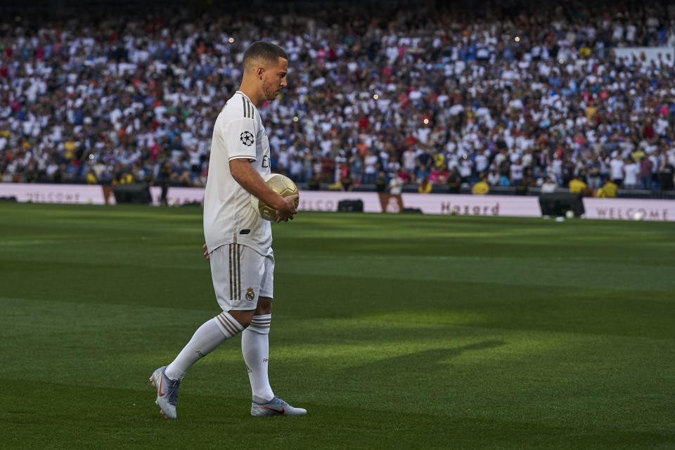 MADRID, SPAIN - JUNE 13: Real Madrid Unveil New Signing Eden Hazard   at Estadio Santiago Bernabeu on June 13, 2019 in Madrid, Spain. (Photo by Quality Sport Images/Getty Images)