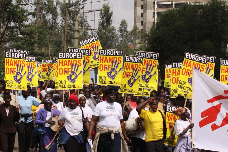 AIDS activists in Nairobi, Kenya, protested against a free trade agreement between the European Union and India that would have phased out generic AIDS drugs. <a href="https://newsroom.ap.org/detail/KenyaAIDS/a45c66d0b20044878765422e1f099f09" rel="nofollow noopener" target="_blank" data-ylk="slk:Khalil Senosi/AP Photo;elm:context_link;itc:0;sec:content-canvas" class="link ">Khalil Senosi/AP Photo</a>