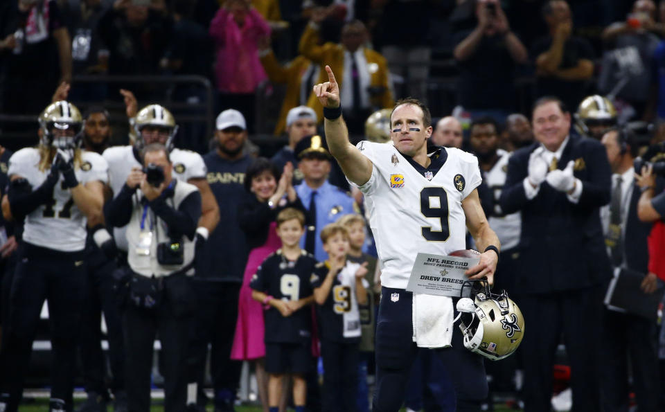 A 62-yard touchdown pass made Drew Brees the NFL’s all-time passing yardage leader. (AP)