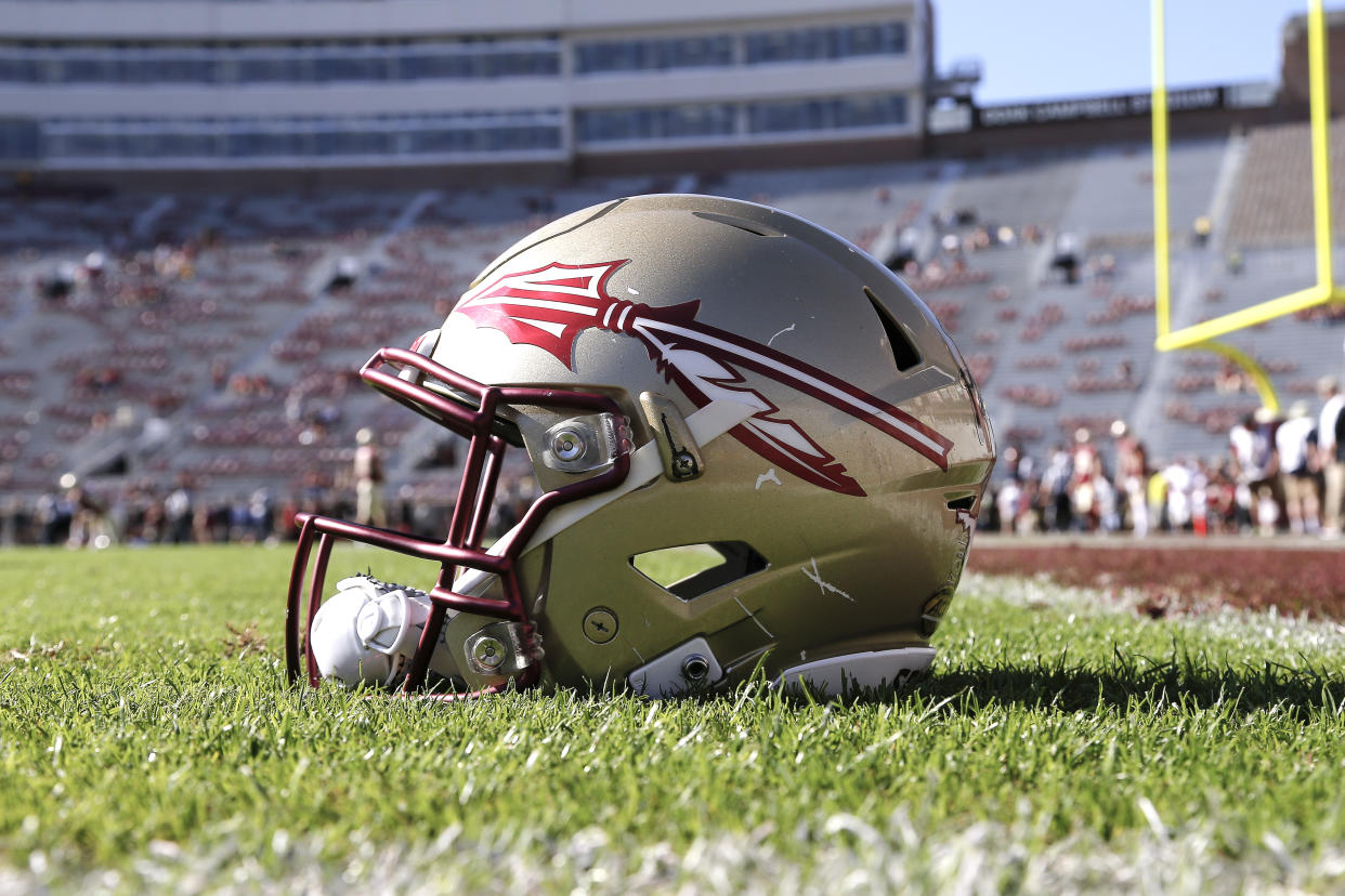 TALLAHASSEE, FL - DECEMBER 2: A general view of a Florida State Seminoles Helmet on the field before the game against the Louisiana Monroe Warhawks at Doak Campbell Stadium on Bobby Bowden Field on December 2, 2017 in Tallahassee, Florida. Florida State defeated Louisiana Monroe 42 to 10. (Photo by Don Juan Moore/Getty Images)