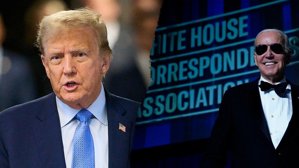 A split image of Donald Trump and of President Biden at last year's White House Correspondents Dinner