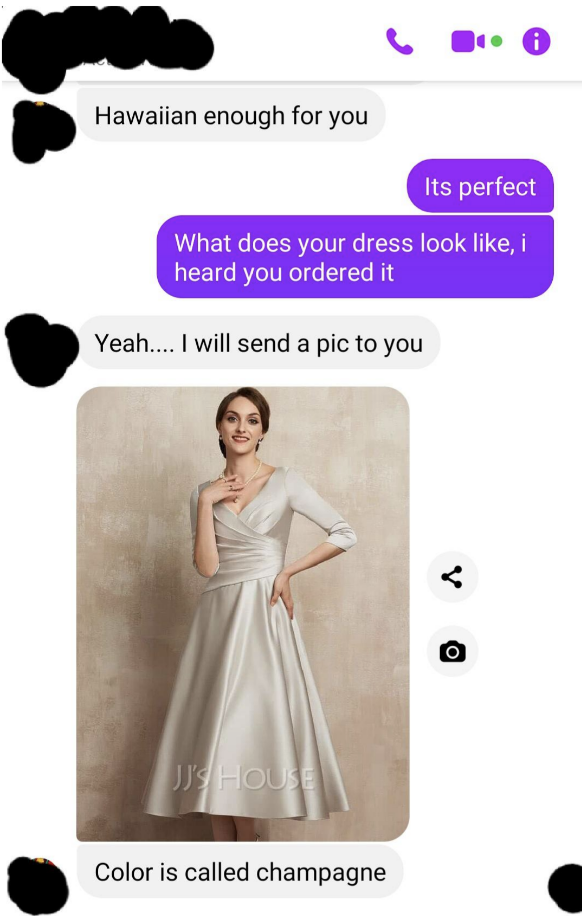 A future mother-in-law texts a photo of the dress she's wearing to the wedding, and it's a white wedding dress; the mother-in-law says the color is called champagne, not white