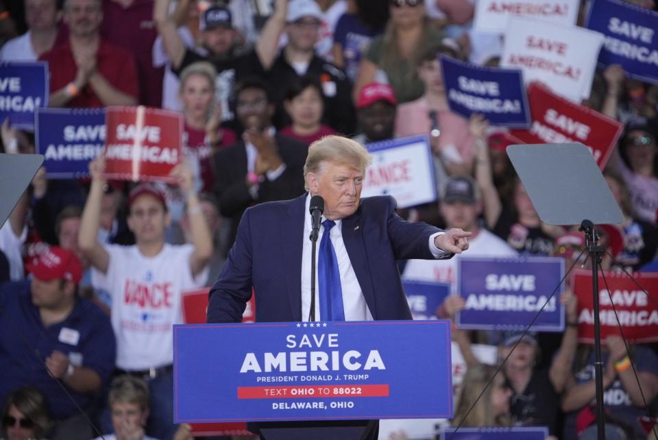 Former President Donald Trump addresses the crowd at a rally in Delaware, Ohio on Saturday, April 23, 2022.