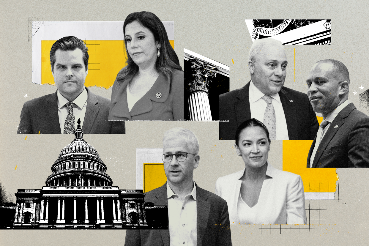 A photo illustration shows six members of Congress, including Reps. Matt Gaetz and Alexandria Ocasio-Cortez, and the Capitol building.