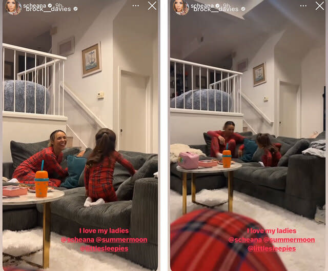 A split of Scheana Shay and Summer Moon sitting on the couch together with a view of their living room. Overlaid text, 