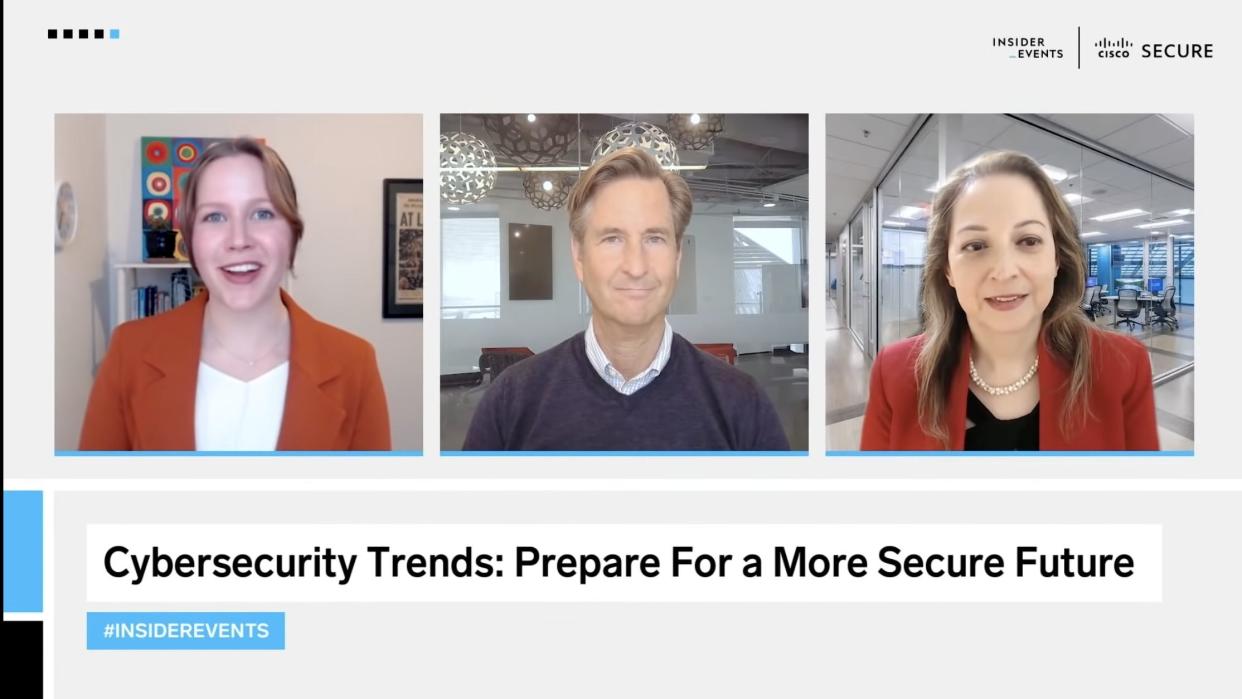 Three panelists above the words, Cybersecurity Trends: Prepare For a More Secure Future