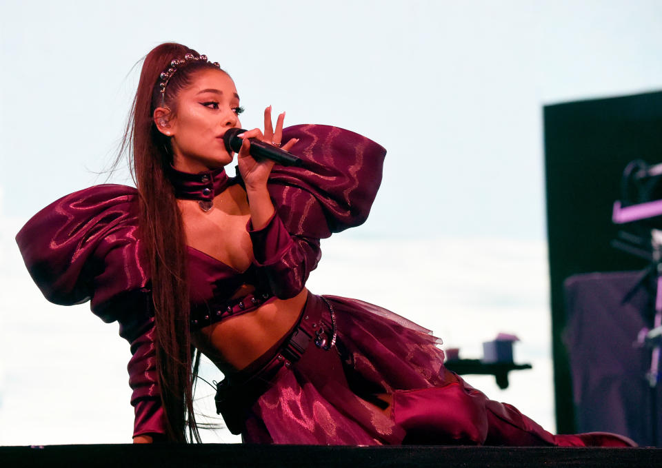 INDIO, CALIFORNIA - APRIL 14: Ariana Grande performs on Coachella Stage during the 2019 Coachella Valley Music And Arts Festival on April 14, 2019 in Indio, California. (Photo by Kevin Mazur/Getty Images for AG)