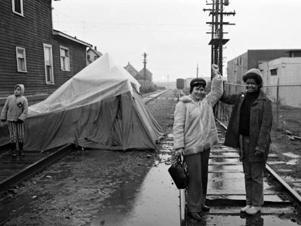 In 1970 and 1971, Jean Amos, left, and Carolyn Jerome were the among the 25 Militant Mothers of Raymur who blocked the rail line that ran between their homes and their children&#39;s school. (submitted by Raymur Mothers - image credit)
