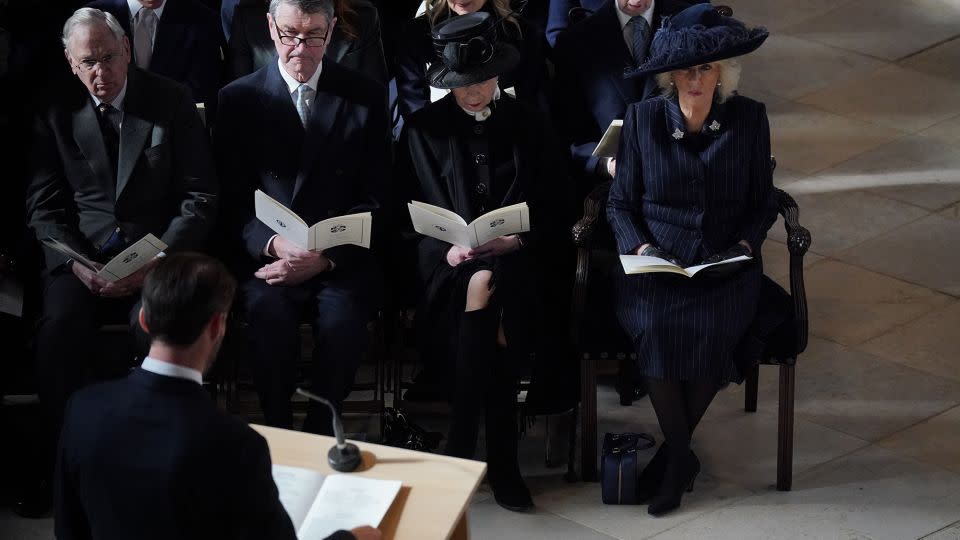 (Right to left) Queen Camilla, Princess Anne, her husband, Adm. Timothy Laurence, and Richard, Duke of Gloucester at the service for the late King Constantine II of Greece at St. George’s Chapel, Windsor on Tuesday. - Jonathan Brady/Getty Images