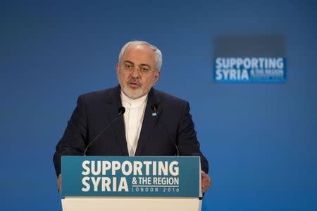 Iran's Foreign Minister Mohammad Javad Zarif makes a pledge during the second makes a pledge during the second 'Thematic Pledging Session' at the donors Conference for Syria in London, Britain February 4, 2016. REUTERS/Matt Dunham/pool