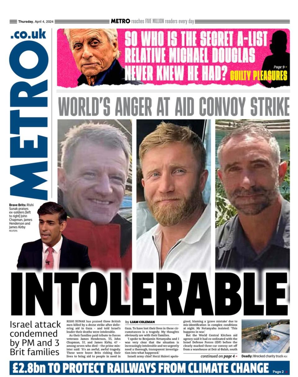 The Metro front page. The headline reads: World’s anger at aid convoy strike