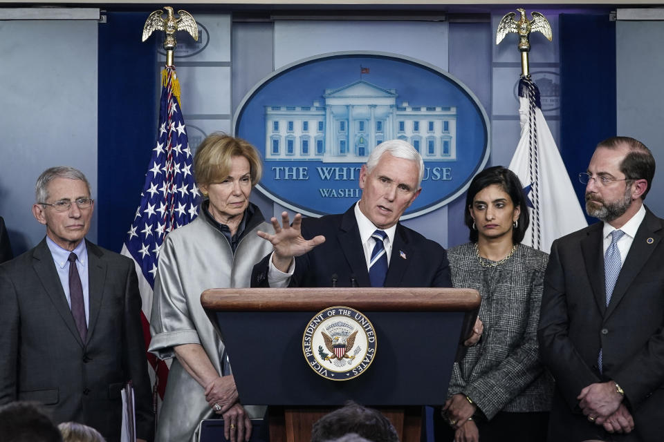 Vice President Mike Pence speaks during a briefing on the administration's coronavirus response. Standing with Pence are Dr. Anthony Fauci, Debbie Birx, Seema Verma and Alex Azar.