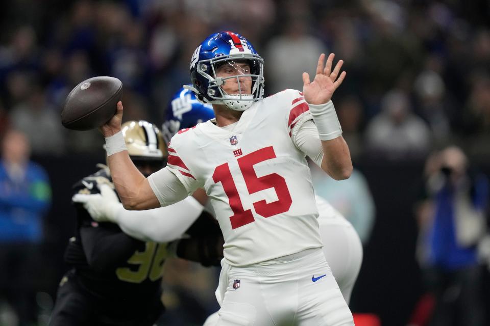 New York Giants quarterback Tommy DeVito throws during the first half of an NFL football game against the New Orleans Saints Sunday, Dec. 17, 2023, in New Orleans. (AP Photo/Gerald Herbert)