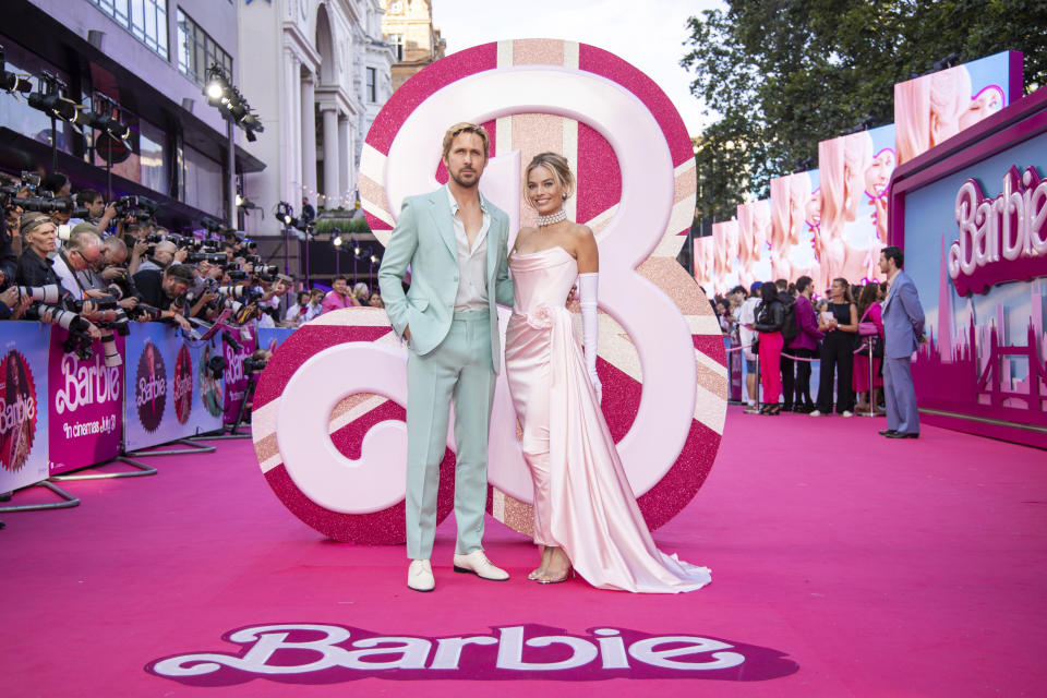 Ryan Gosling and Margot Robbie pose for photographers upon arrival at the premiere of the film 'Barbie' on Wednesday, July 12, 2023, in London. (Vianney Le Caer/Invision/AP)