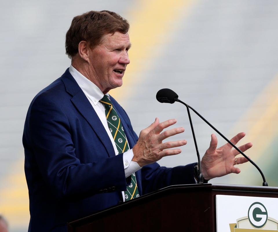 Green Bay Packers president and CEO Mark Murphy addresses about 7,800 shareholders and guests during the 2023 annual meeting on July 24 in Green Bay.