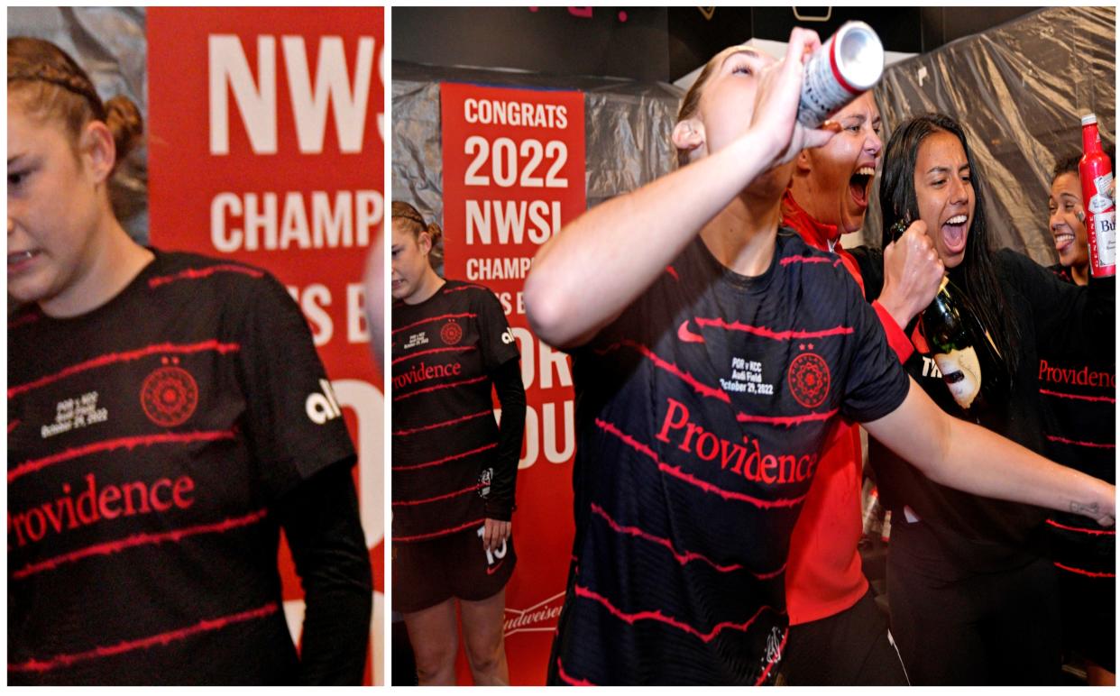 Olivia Moultrie, jugadora de 17 años, tuvo una celebración bastante incómoda junto a sus compañeras de las Portland Thorns tras ganar la NWSL. (Foto: Jessica Rapfogel / USA TODAY Sports / Reuters).