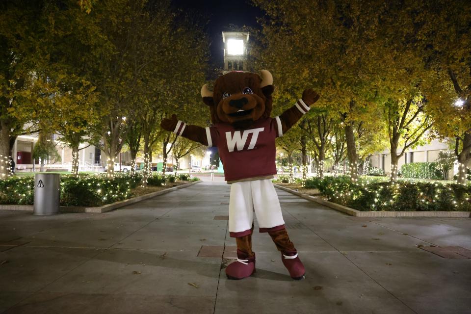 West Texas A&M University's mascot Thunder poses in front of the Christmas lights in WT's Pedestrian Mall at the 2021 Festival of Lights. This year's celebration is set for Thursday, Dec. 1.