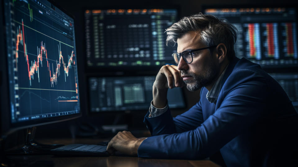 A portfolio manager intently studying financial data while making a strategic decision for a mutual fund.