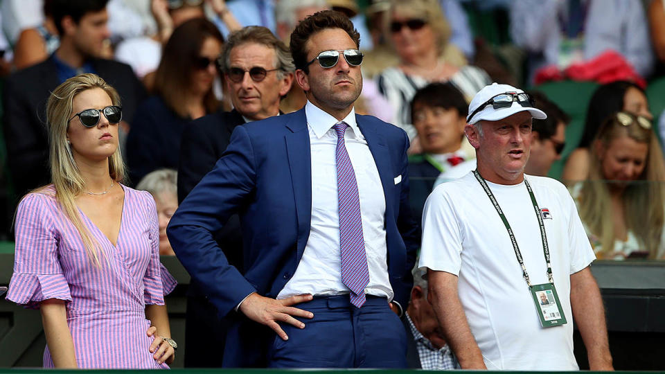 Justin Gimelstob (centre) at Wimbledon in 2018 as John Isner's coach. (Photo by Nigel French/PA Images via Getty Images)