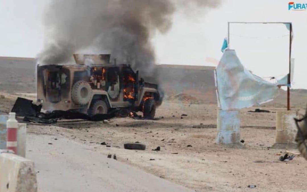 Coalition vehicle damaged in a car bomb attack on an SDF checkpoint near Shadadi in Hasakah province. - Furat