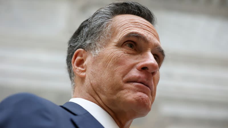 Sen. Mitt Romney, R-Utah, talks with members of the media at the Capitol in Salt Lake City on Feb. 21, 2023. How will Romney’s time in the Senate be remembered?