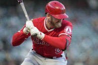 Los Angeles Angels' Taylor Ward reacts after being hit by a pitch from San Francisco Giants' Alex Wood during the fourth inning of a baseball game Tuesday, June 1, 2021, in San Francisco. (AP Photo/Tony Avelar)