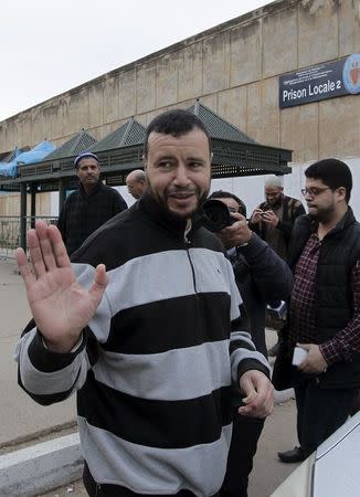 Younes Abdurrahman Chekkouri, a former Guantanamo detainee from Morocco, is seen after he was released on bail from Sale Jail, near the city of Rabat, February 11, 2016. REUTERS/Stringer