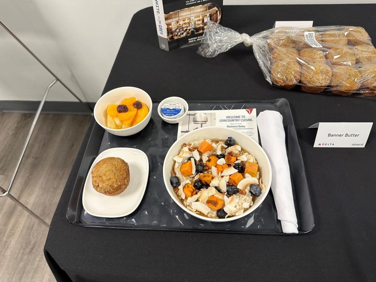 Delta's domestic first class breakfast includes options for poached fruit salad and overnight oats with sweet potato.