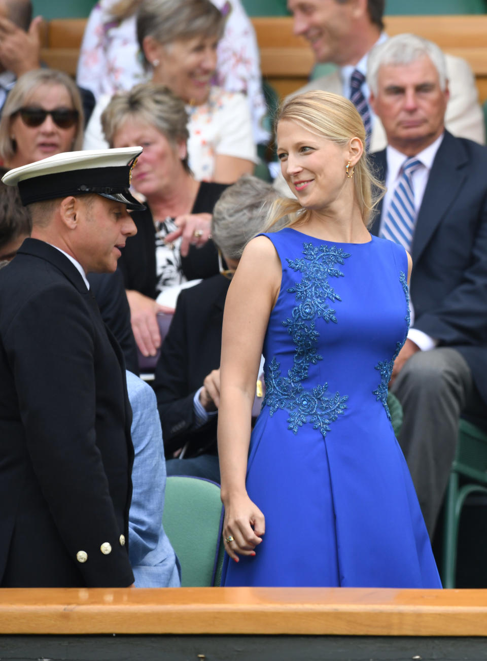 <p>She looked elegant in a sleeveless blue dress with an A-line skirt. Photo: Getty </p>