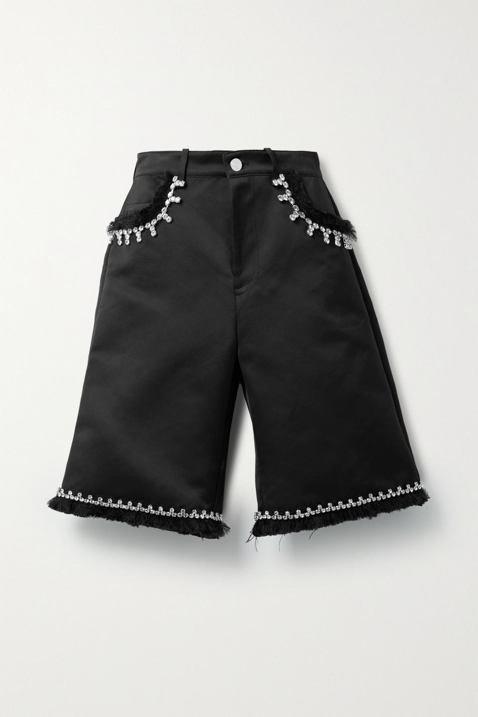 3) Frayed Crystal-Embellished Satin Shorts